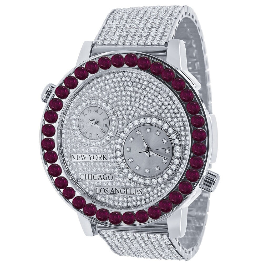 Men's Solitaire Fire Pink Dial Face Working Chronograph Diamond 18K White Gold Finish Bezel Band Custom Luxury Watch Analog 45mm W/Date