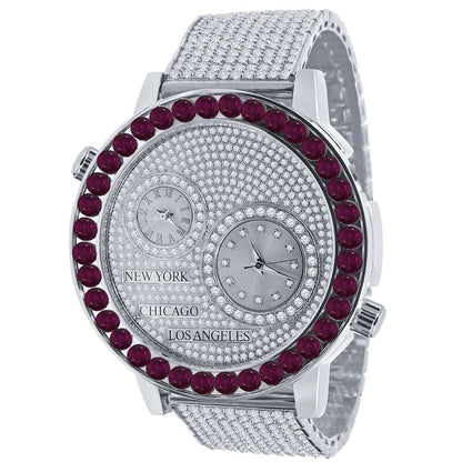 Men's Solitaire Fire Pink Dial Face Working Chronograph Diamond 18K White Gold Finish Bezel Band Custom Luxury Watch Analog 45mm W/Date