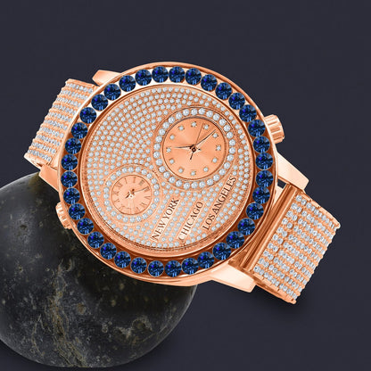 Men's Solitaire Blue Sapphire Dial Face Working Chronograph Diamond 18K Rose Gold Finish Bezel Band Custom Luxury Watch Analog 45mm W/Date