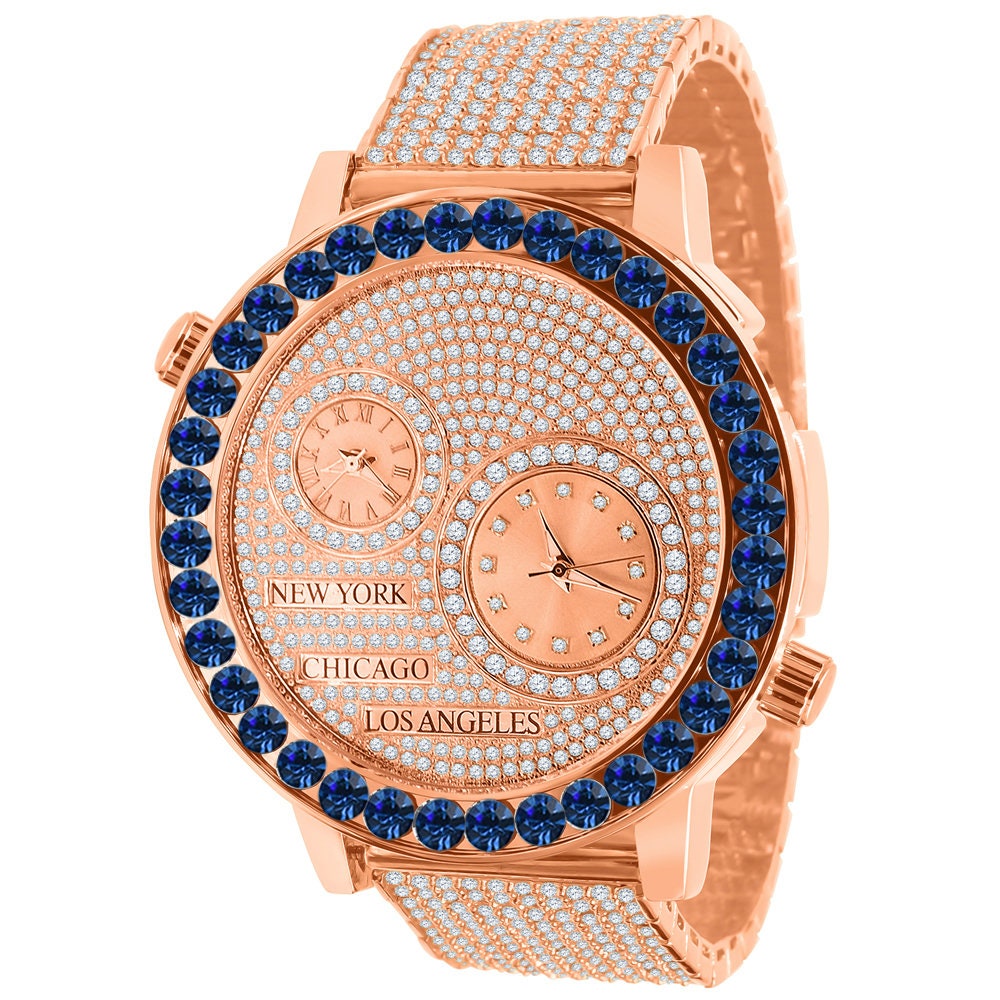 Men's Solitaire Blue Sapphire Dial Face Working Chronograph Diamond 18K Rose Gold Finish Bezel Band Custom Luxury Watch Analog 45mm W/Date