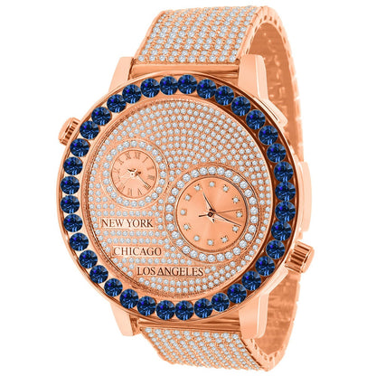 Men's Solitaire Blue Sapphire Dial Face Working Chronograph Diamond 18K Rose Gold Finish Bezel Band Custom Luxury Watch Analog 45mm W/Date