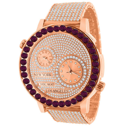 Men's Solitaire Fire Pink Dial Face Working Chronograph Diamond 18K Rose Gold Finish Bezel Band Custom Luxury Watch Analog 45mm W/Date
