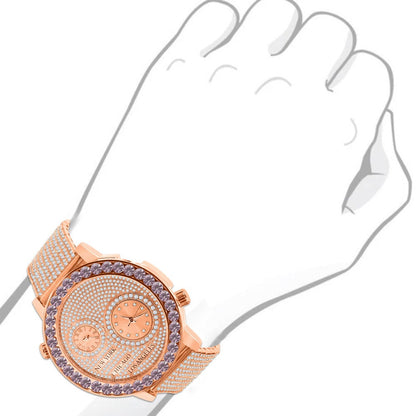 Men's Solitaire Soft Pink Dial Face Working Chronograph Diamond 18K Rose Gold Finish Bezel Band Custom Luxury Watch Analog 45mm W/Date