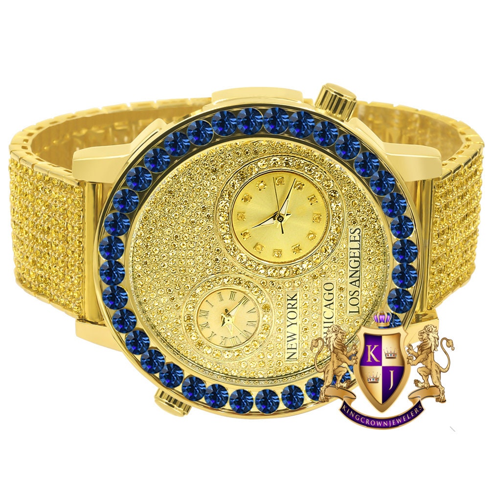 Canary Citrine Men's Solitaire Blue Sapphire Dial Face Working Chronograph Diamond 18K Gold Over Bezel Band Custom Luxury Watch 45mm W/Date