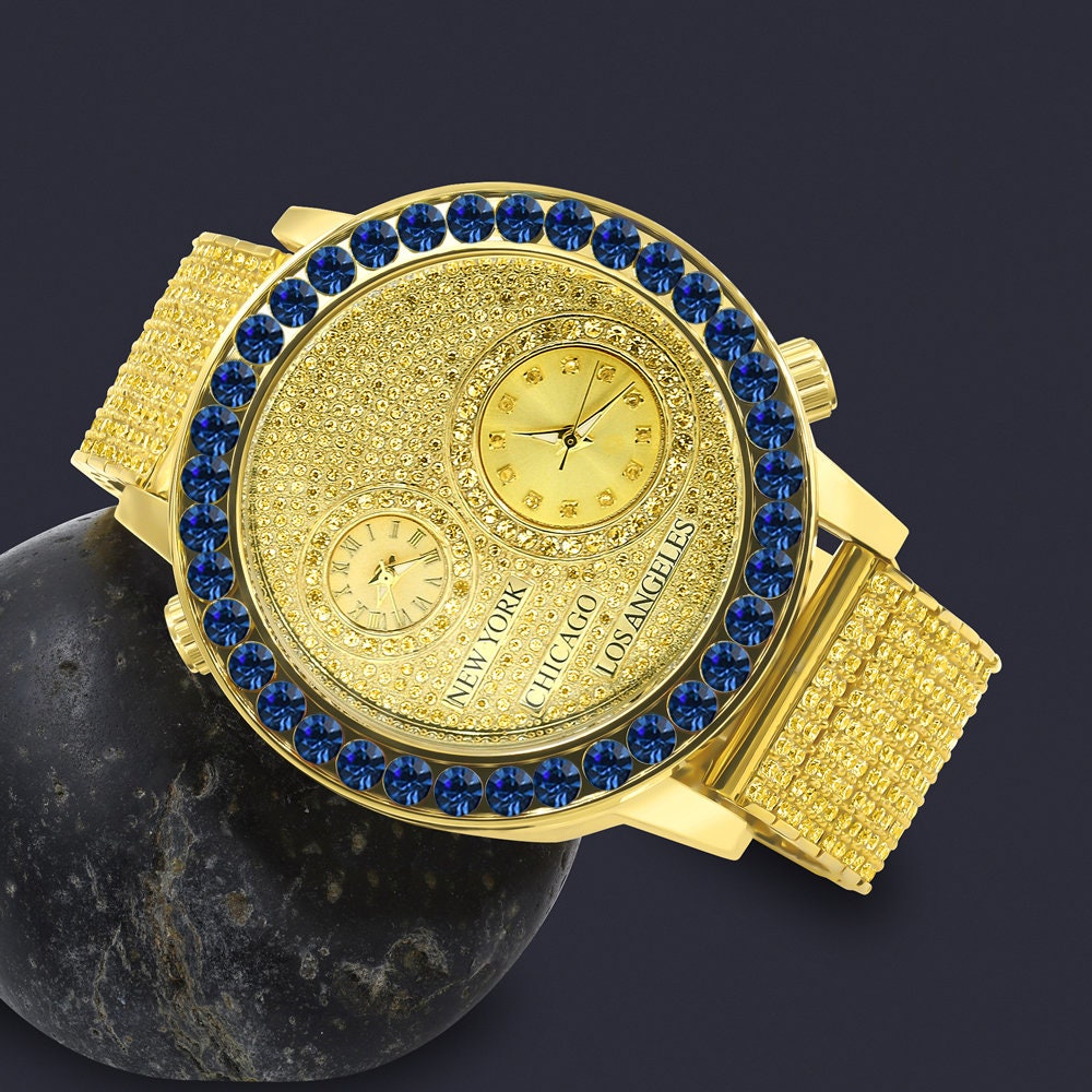 Canary Citrine Men's Solitaire Blue Sapphire Dial Face Working Chronograph Diamond 18K Gold Over Bezel Band Custom Luxury Watch 45mm W/Date