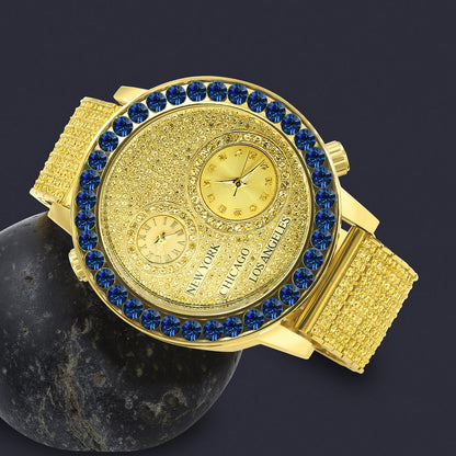 Canary Citrine Men's Solitaire Blue Sapphire Dial Face Working Chronograph Diamond 18K Gold Over Bezel Band Custom Luxury Watch 45mm W/Date