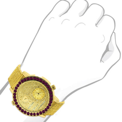 Canary Citrine Men's Solitaire Fire Pink Dial Face Working Chronograph Diamond 18K Gold Over Bezel Band Custom Luxury Watch 45mm W/Date