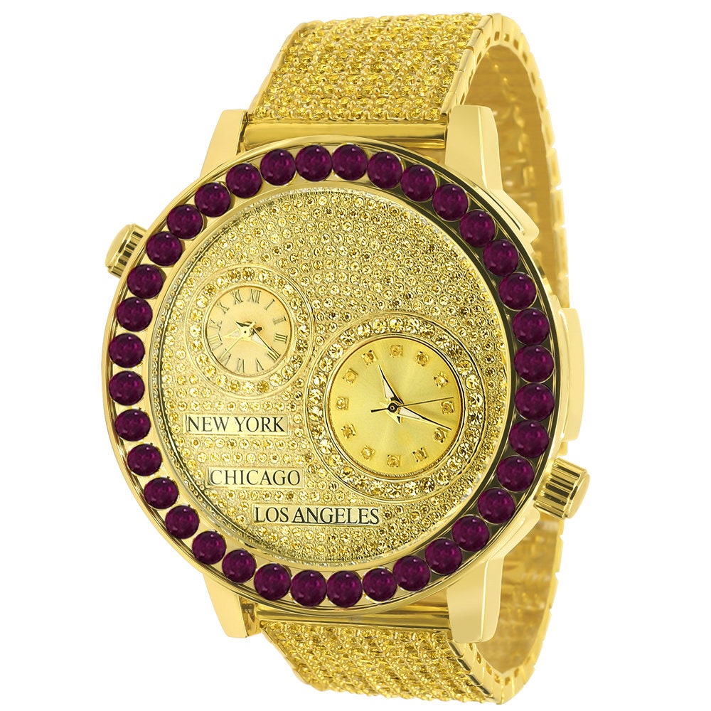 Canary Citrine Men's Solitaire Fire Pink Dial Face Working Chronograph Diamond 18K Gold Over Bezel Band Custom Luxury Watch 45mm W/Date