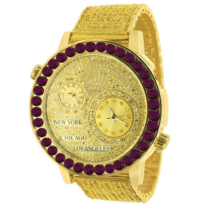 Canary Citrine Men's Solitaire Fire Pink Dial Face Working Chronograph Diamond 18K Gold Over Bezel Band Custom Luxury Watch 45mm W/Date