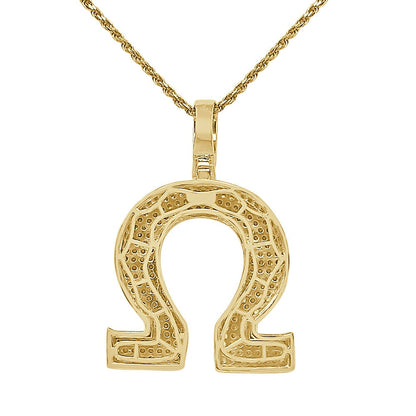 Real Genuine Sterling Silver 25+ Grams Omega Symbol Sign Greek Alphabet 4.00 Ct. Simulated Diamond 14K Gold On 3D Pendant Charm + Free Chain