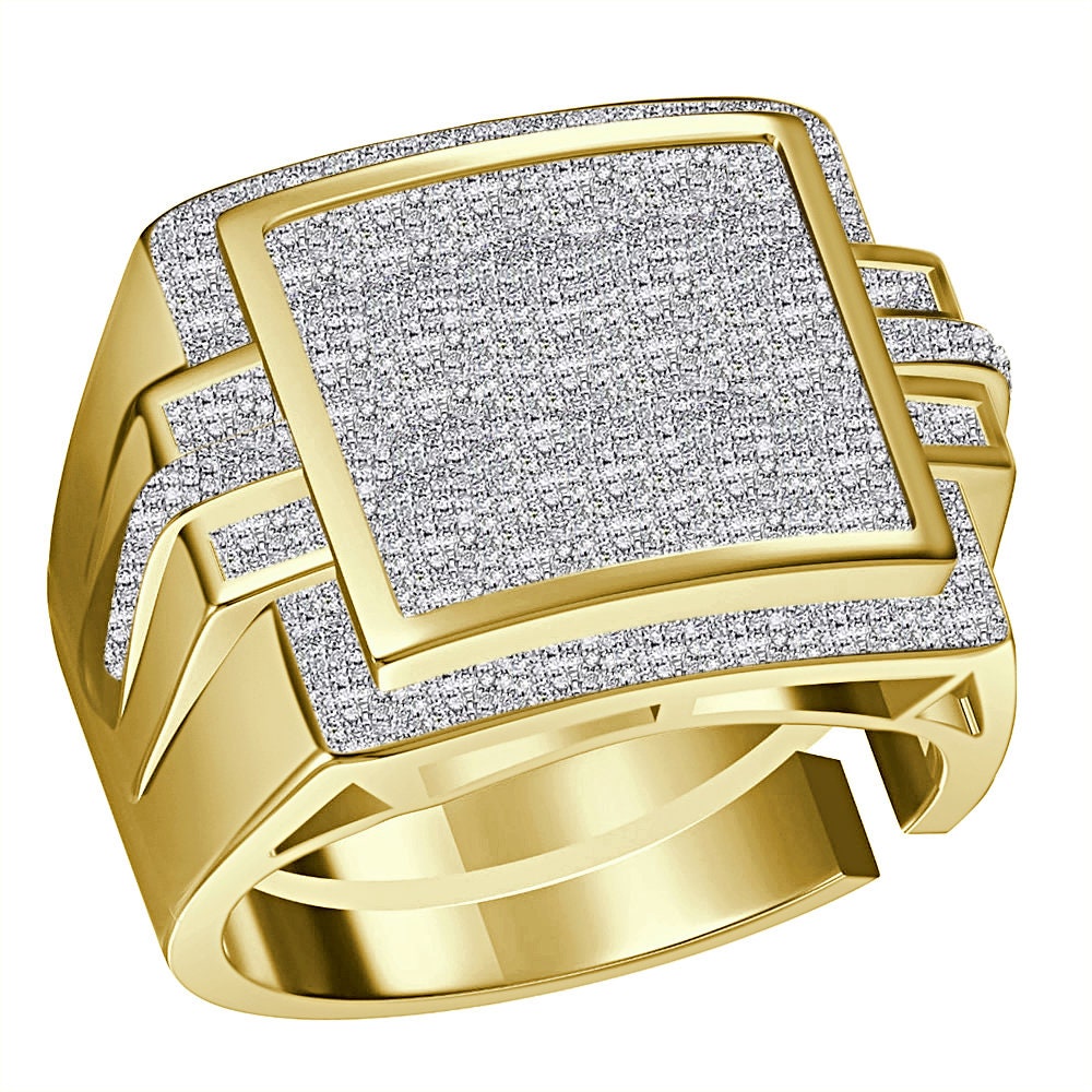 Real Genuine Authentic Diamond 0.85 Cwt. Milgrain Step Square Cluster 10K Yellow Gold Over Men's Pinky Ring Band (Adjustable 9.5 Up To 11)