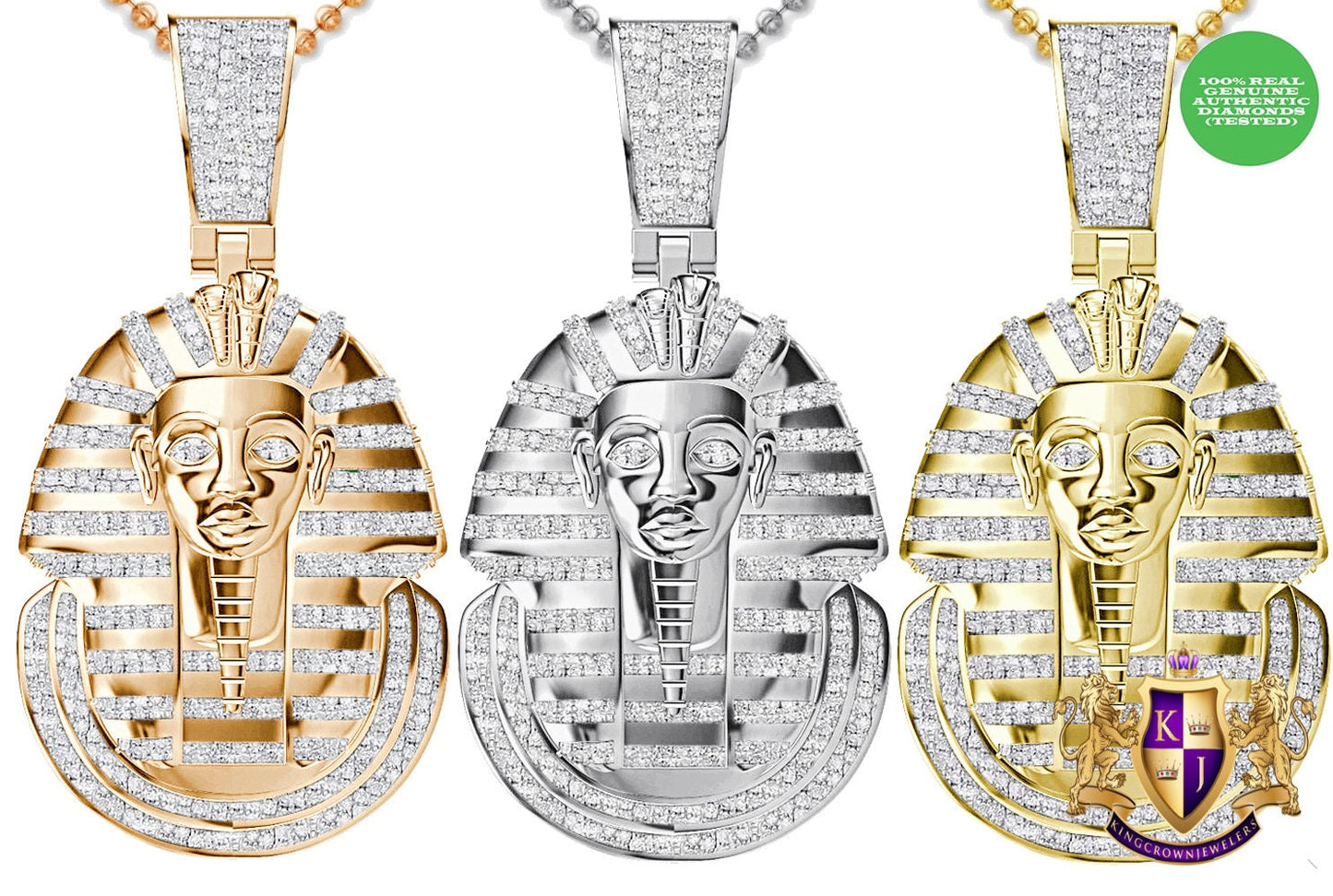 Real Genuine Authentic Diamond 0.60 Cwt. 24+ Grams Egyptian King Tut Pharaoh Ramesses Mummy Charm 10K Solid Gold Finish Pendant + Chain 2''