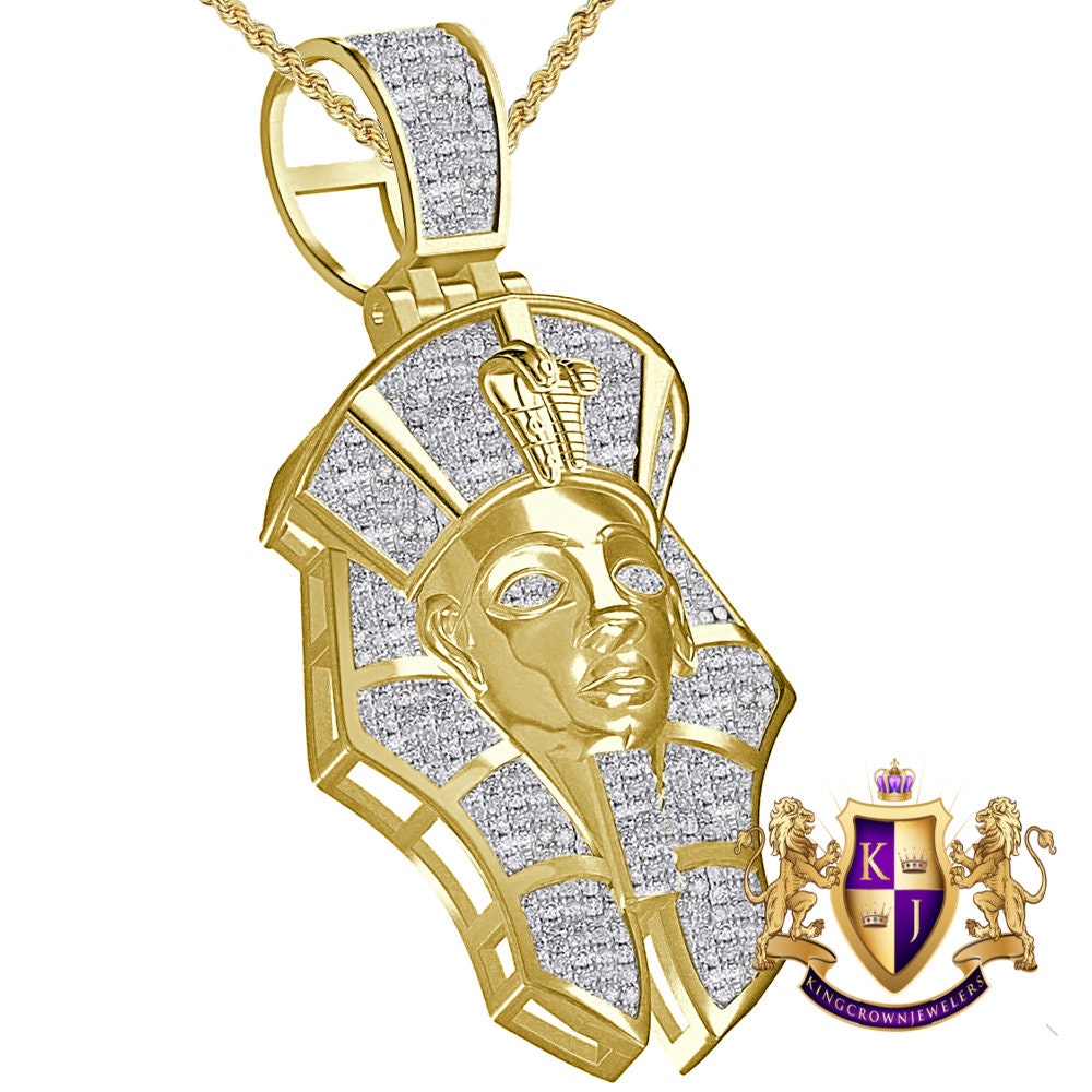 Real Genuine Diamond 0.60 Cwt. 24+ Grams Egyptian King Tut Pharaoh Ramesses Mummy Charm Cobra Snake Evil Power 10K Gold Over Pendant 2''