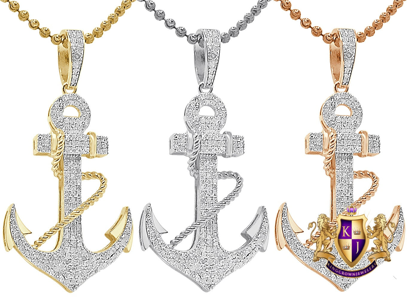Real Genuine Authentic Diamond 1.00 Cwt. Jesus Anchored Mariner's Cross Pendant 10K Gold Over Religious Charm Chain Set 1.85''