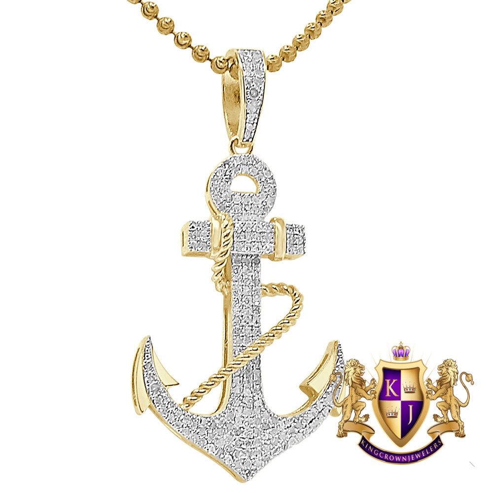 Real Genuine Authentic Diamond 1.00 Cwt. Jesus Anchored Mariner's Cross Pendant 10K Gold Over Religious Charm Chain Set 1.85''