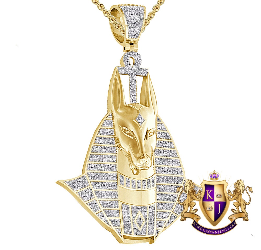Real Genuine Diamond 0.60 Cwt. 22+ Grams Ancient Egyptian Goodies Anubis God Ankh Cross Pharaoh Custom Charm 10k Gold Over Pendent 2.5''