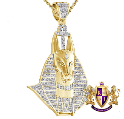 Real Genuine Diamond 0.60 Cwt. 22+ Grams Ancient Egyptian Goodies Anubis God Ankh Cross Pharaoh Custom Charm 10k Gold Over Pendent 2.5''