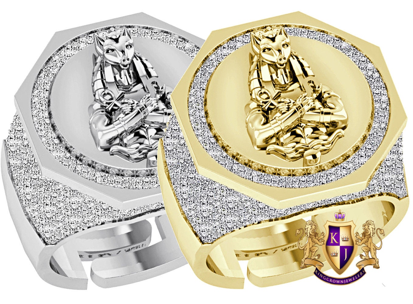 Men's Real Genuine Diamond 1.25 Cwt. Egyptian God Anubis Ankh Pharaoh Ring 10K Gold Over 22mm Band 17+ Grams