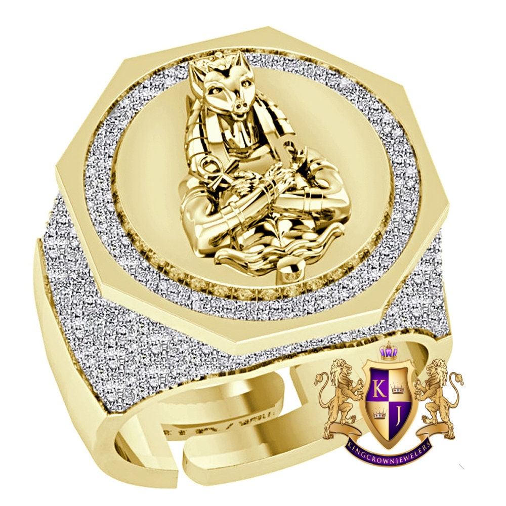 Men's Real Genuine Diamond 1.25 Cwt. Egyptian God Anubis Ankh Pharaoh Ring 10K Gold Over 22mm Band 17+ Grams