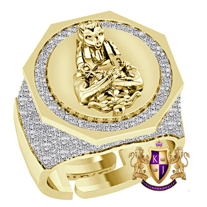 Men's Real Genuine Diamond 1.25 Cwt. Egyptian God Anubis Ankh Pharaoh Ring 10K Gold Over 22mm Band 17+ Grams
