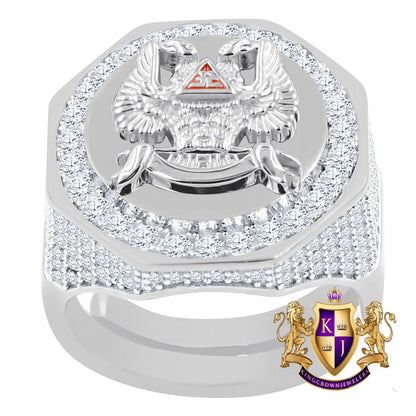 Men's Real Sterling Silver 14K Gold Over Lab Diamond Eagle 32 Degree Masonic Scottish Rite Freemasonry Ring Band (Adjustable Size 10 Up 12)