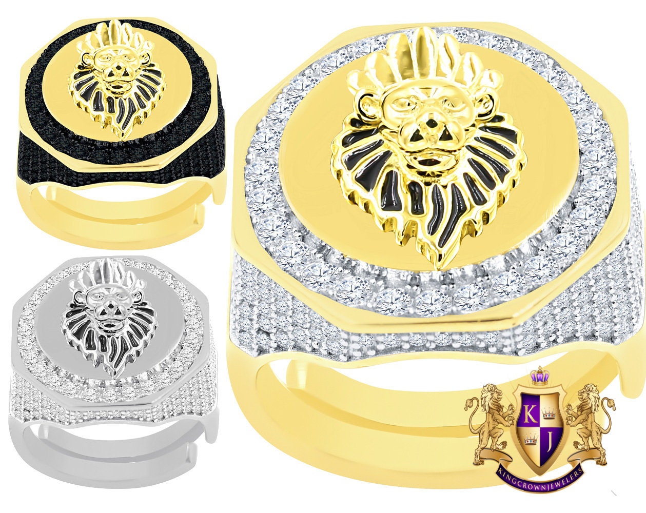 Men's Real Genuine Sterling Silver 14K Gold Over Simulated Diamond Lion King Crown Face Custom Ring Band (Adjustable Size 10 Up 12)