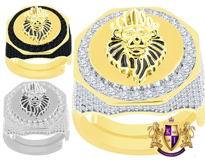 Men's Real Genuine Sterling Silver 14K Gold Over Simulated Diamond Lion King Crown Face Custom Ring Band (Adjustable Size 10 Up 12)