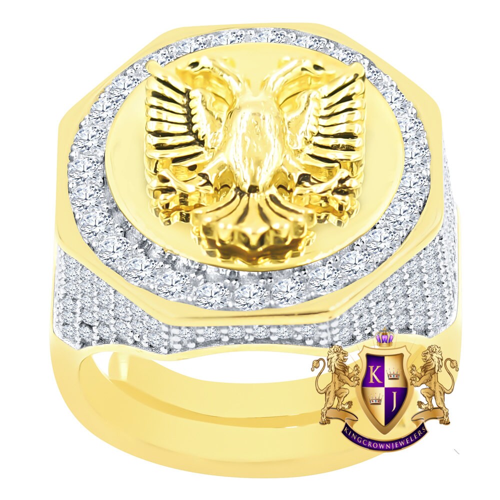 Men's Real Sterling Silver 14K Gold Over Simulated Diamond Albanian Eagle Double Headed Flying Bird Ring Band (Adjustable Size 10 Up 12)