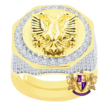 Men's Real Sterling Silver 14K Gold Over Simulated Diamond Albanian Eagle Double Headed Flying Bird Ring Band (Adjustable Size 10 Up 12)