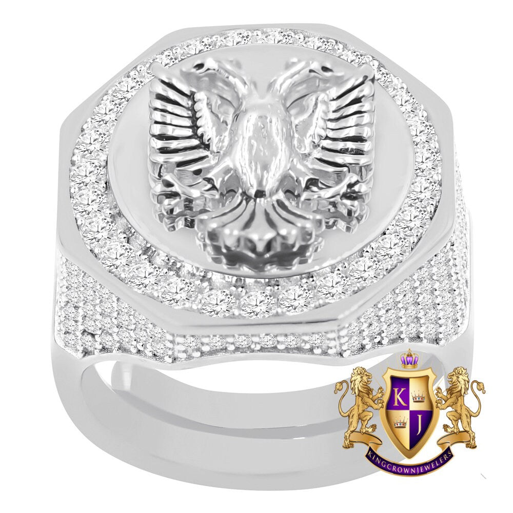 Men's Real Sterling Silver 14K Gold Over Simulated Diamond Albanian Eagle Double Headed Flying Bird Ring Band (Adjustable Size 10 Up 12)