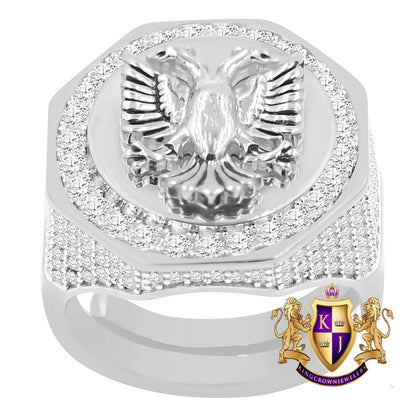 Men's Real Sterling Silver 14K Gold Over Simulated Diamond Albanian Eagle Double Headed Flying Bird Ring Band (Adjustable Size 10 Up 12)