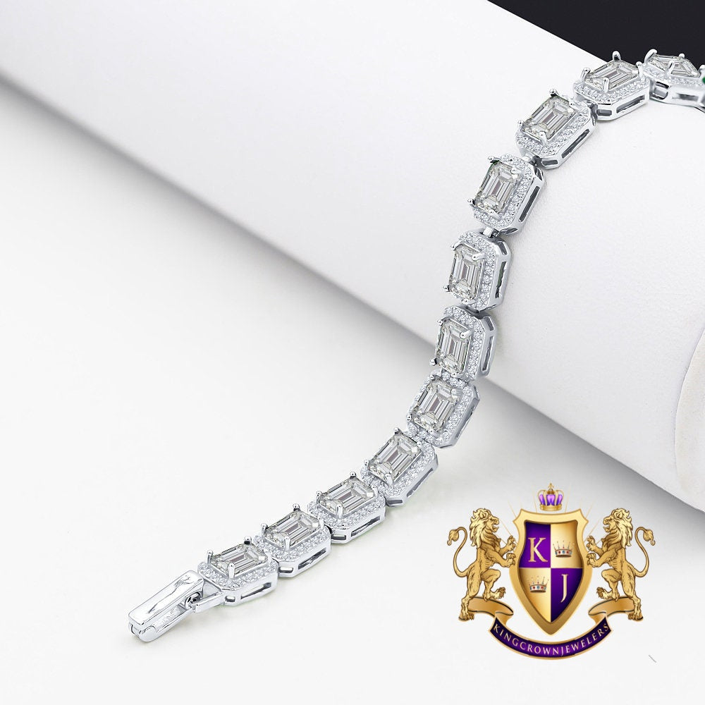 Real Genuine Sterling Silver Crystal Clear Zirconia Solitaire 4.00 CT Simulated Diamond 14K White Gold Over 10 mm Tennis Link Bracelet 7.5''