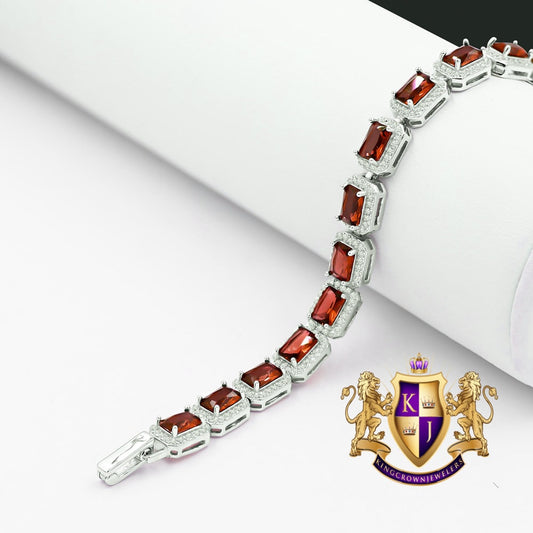 Real Genuine Sterling Silver Solitaire Ruby Red 4.00 Cwt. Simulated Diamond 14K White Gold Over 10 mm Tennis Link Bracelet 7.5''