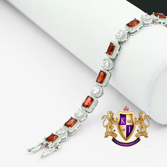 Ruby Red Genuine Sterling Silver Solitaire 4.00 Cwt. Simulated Diamond 14K White Gold Over 6 mm Tennis Link Bracelet 7.75''