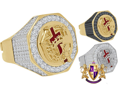 Men's Real Sterling Silver 14K Gold Over Simulated Diamond Knights Templar Masonic Freemason Ring Band (Adjustable Size 10 Up 12)
