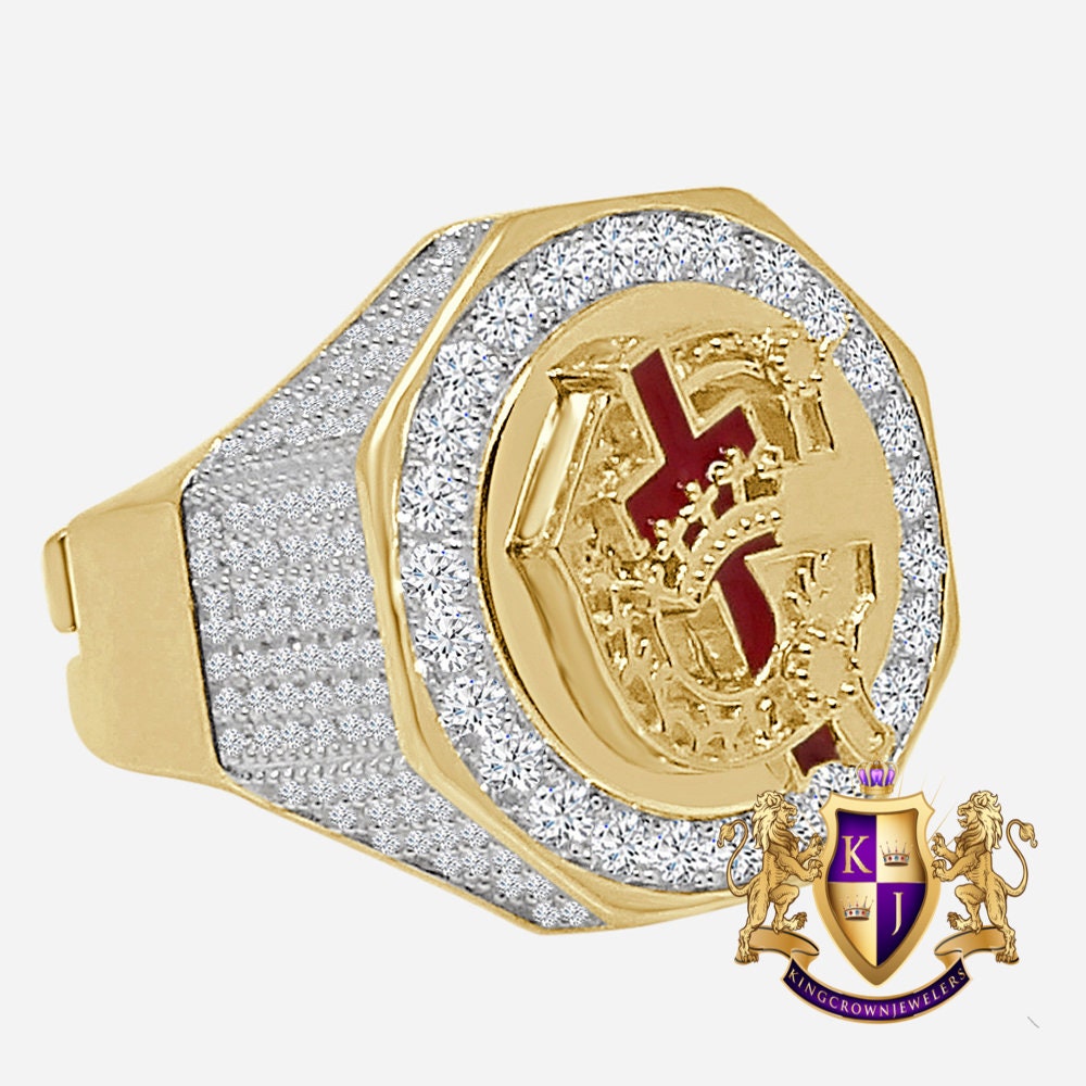 Men's Real Sterling Silver 14K Gold Over Simulated Diamond Knights Templar Masonic Freemason Ring Band (Adjustable Size 10 Up 12)