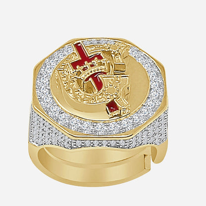 Men's Real Sterling Silver 14K Gold Over Simulated Diamond Knights Templar Masonic Freemason Ring Band (Adjustable Size 10 Up 12)
