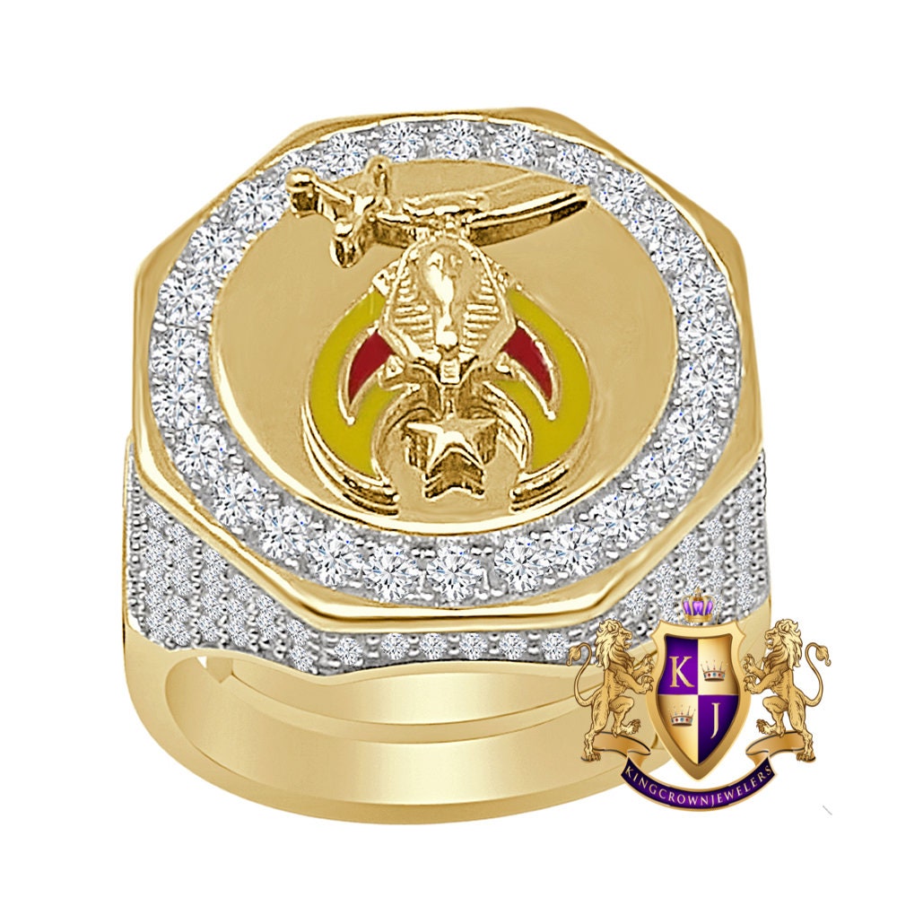 Men's Real Silver 14K Gold Over Lab Diamond Prince Hall Shrine Freemasonry Masonic Freemason Shriners Ring Band (Adjustable Size 10 Up 12)