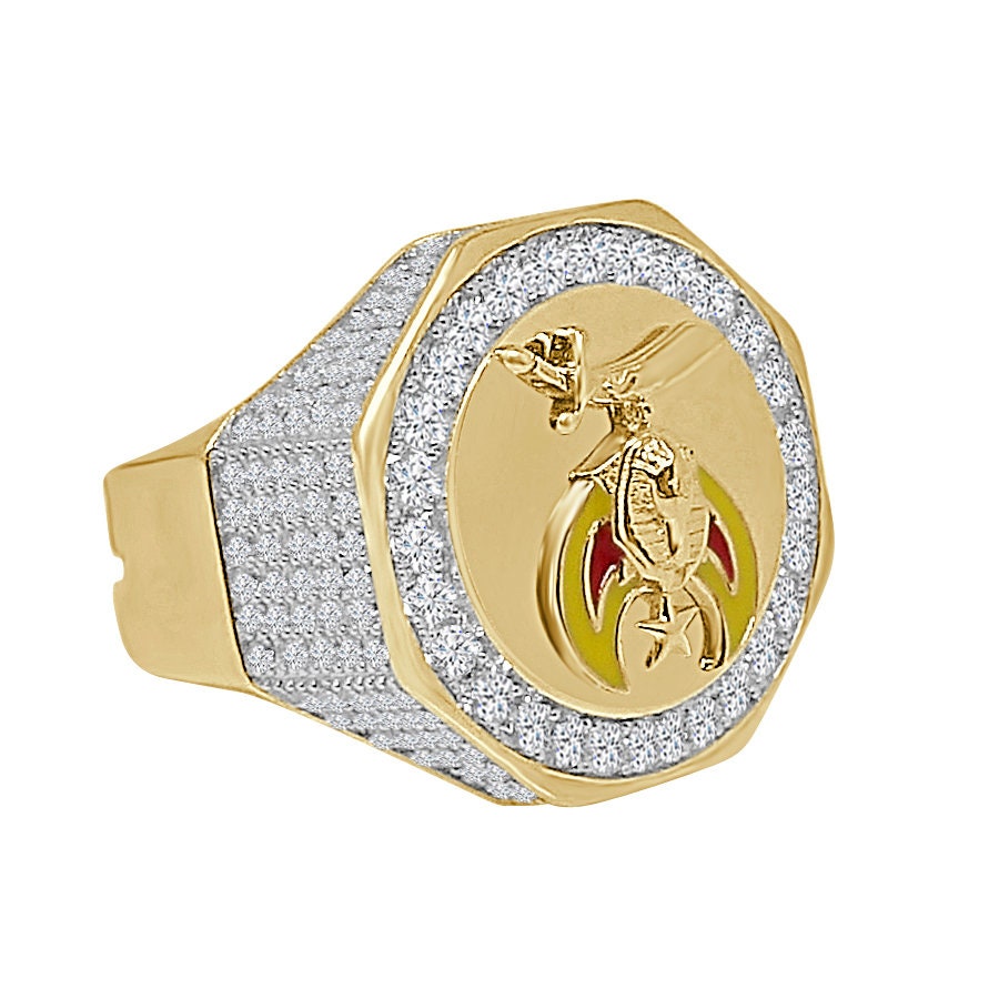 Men's Real Silver 14K Gold Over Lab Diamond Prince Hall Shrine Freemasonry Masonic Freemason Shriners Ring Band (Adjustable Size 10 Up 12)