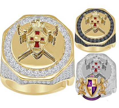 Men's Real Silver 14K Gold On Lab Diamond Knight Templar Masonic Shield and Sword Freemasonry Freemason Band Ring (Adjustable Size 10 Up 12)