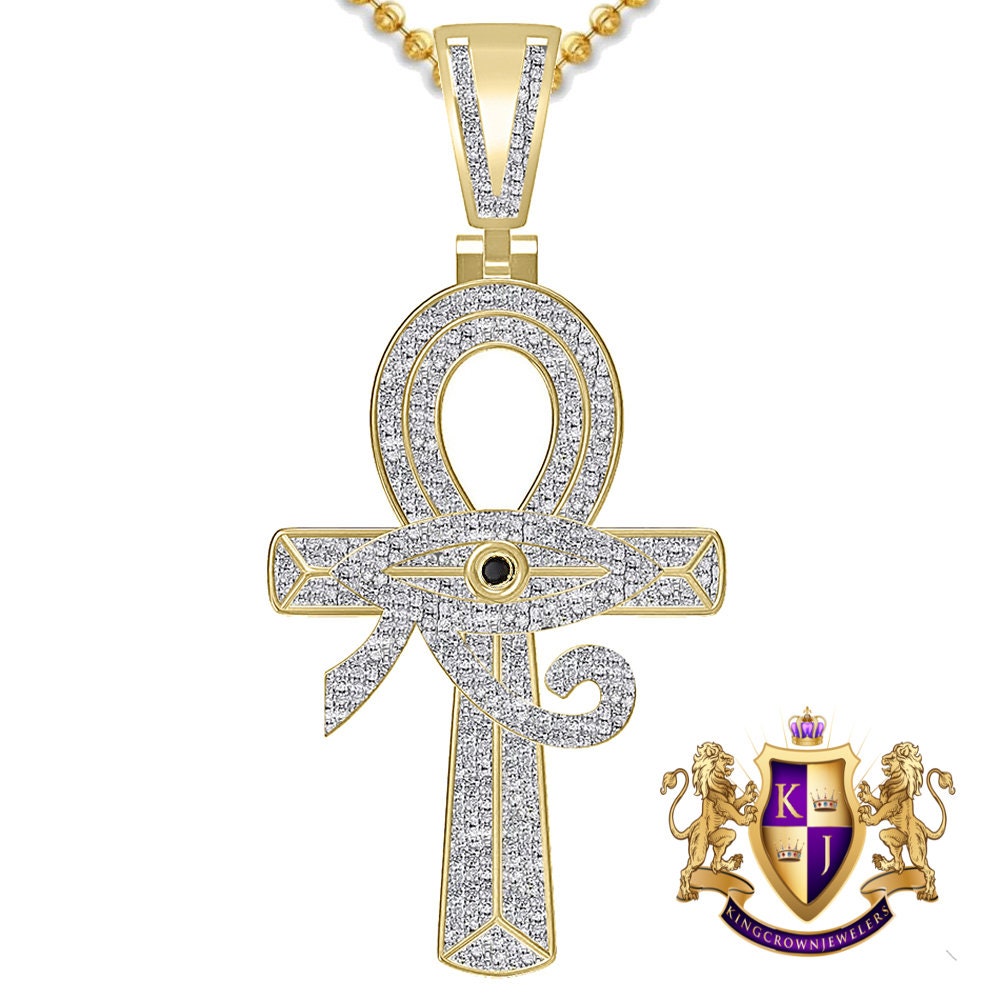 Real Genuine Authentic Diamond Ancient Egyptian Ankh Cross Horus Evil Eye Of Ra Pendent 10K Gold Over Unisex Pharaoh Charm Chain Set 2''