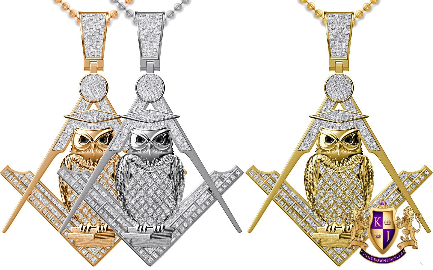 Real Genuine Diamond 0.60 Cwt. 24+ Grams Professor Owl Midnight Freemasonry Masonic G Compass Charm 10K Gold On Custom Pendent + Chain 2.5''