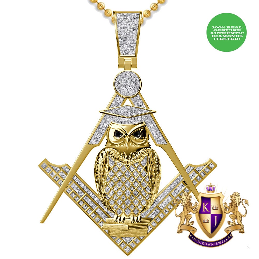 Real Genuine Diamond 0.60 Cwt. 24+ Grams Professor Owl Midnight Freemasonry Masonic G Compass Charm 10K Gold On Custom Pendent + Chain 2.5''