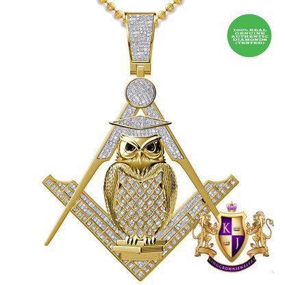 Real Genuine Diamond 0.60 Cwt. 24+ Grams Professor Owl Midnight Freemasonry Masonic G Compass Charm 10K Gold On Custom Pendent + Chain 2.5''