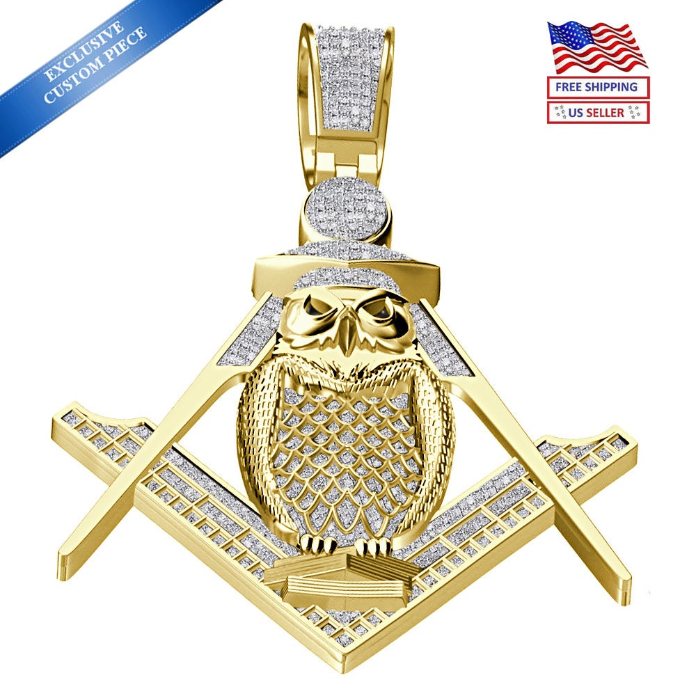 Real Genuine Diamond 0.60 Cwt. 24+ Grams Professor Owl Midnight Freemasonry Masonic G Compass Charm 10K Gold On Custom Pendent + Chain 2.5''