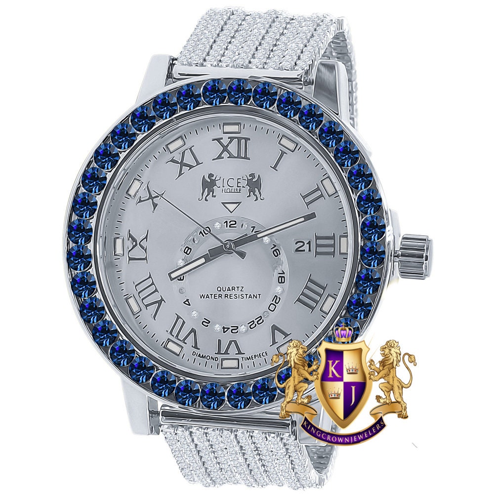 Sapphire Blue Solitaire Roman Numeral Dial 18K White Gold Finish 12 Cwt. Simulated Diamond Men's Custom Designer Luxury Watch With Date 54mm