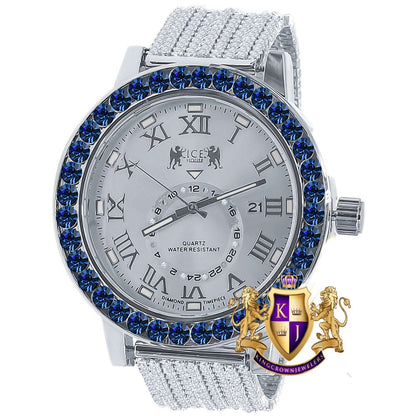 Sapphire Blue Solitaire Roman Numeral Dial 18K White Gold Finish 12 Cwt. Simulated Diamond Men's Custom Designer Luxury Watch With Date 54mm