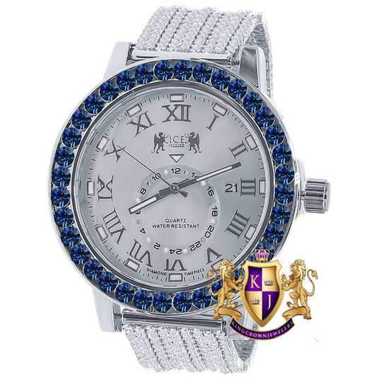 Sapphire Blue Solitaire Roman Numeral Dial 18K White Gold Finish 12 Cwt. Simulated Diamond Men's Custom Designer Luxury Watch With Date 54mm