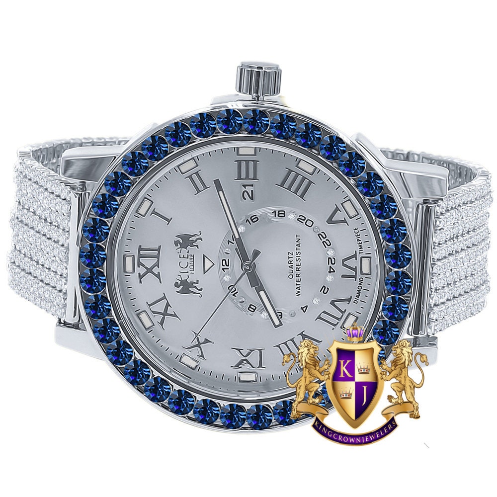 Sapphire Blue Solitaire Roman Numeral Dial 18K White Gold Finish 12 Cwt. Simulated Diamond Men's Custom Designer Luxury Watch With Date 54mm