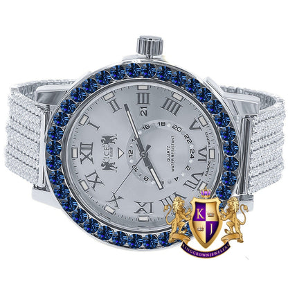Sapphire Blue Solitaire Roman Numeral Dial 18K White Gold Finish 12 Cwt. Simulated Diamond Men's Custom Designer Luxury Watch With Date 54mm